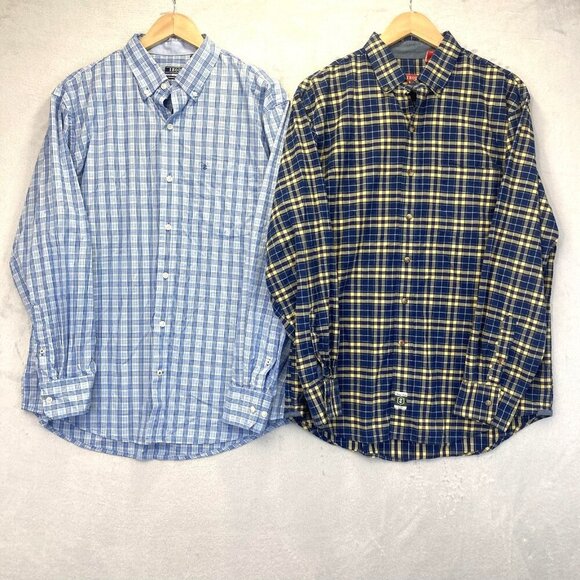 Lot of 2 Izod Button Up Shirt Mens Large Plaid Blue Yellow Heritage Tartan - Picture 1 of 16